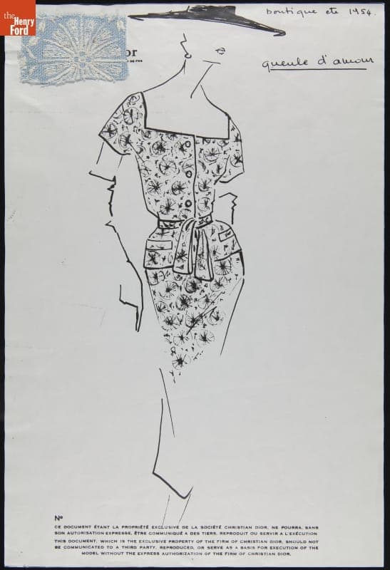 Christian Dior Fashion Design Drawing with Fabric Swatch, "Queule d'Amour," 1954