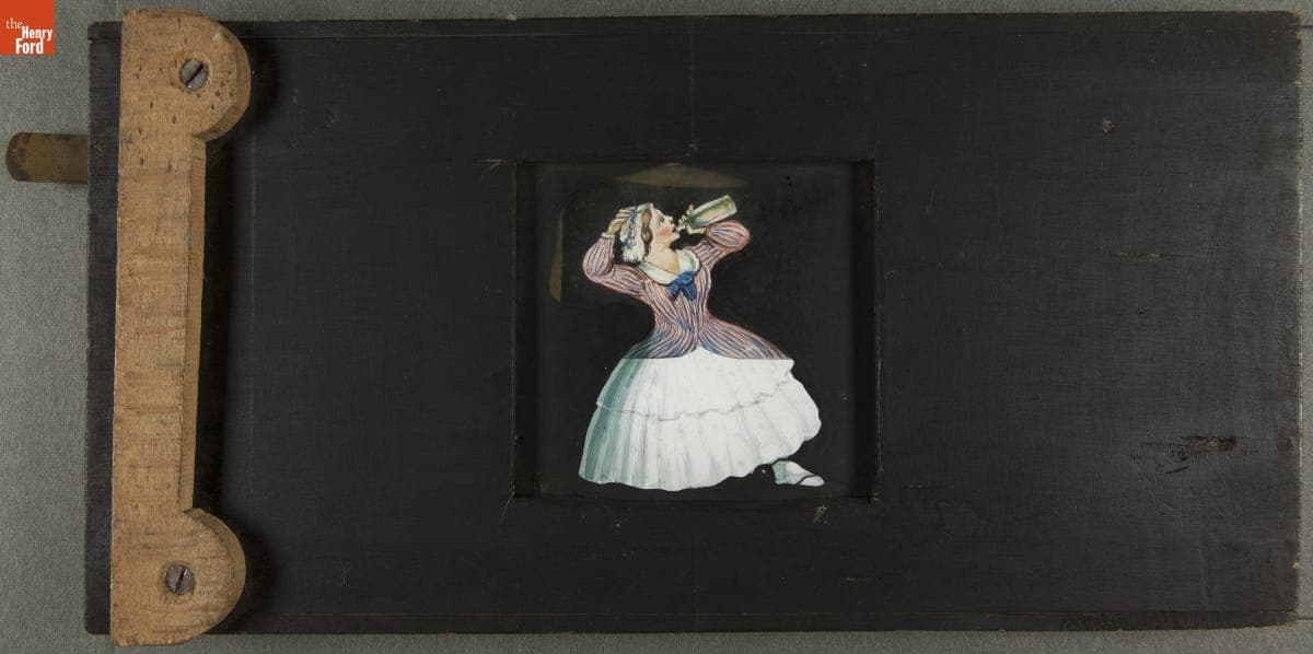 Mechanical Lantern Slide, Woman Drinking from Bottle, 1860-1900