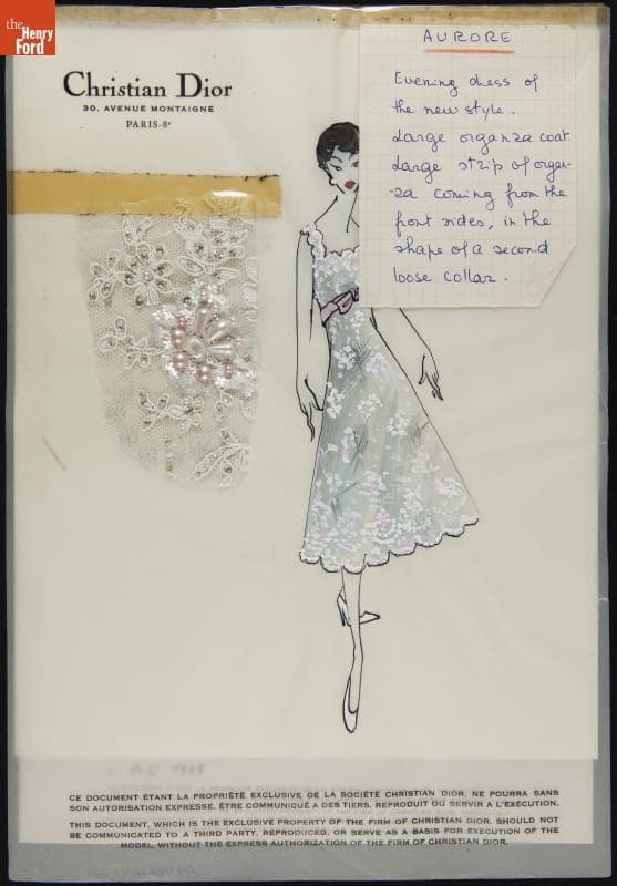 Dior Fashion Drawing with Fabric Swatches, "Aurore," 1955
