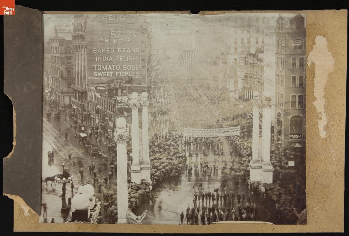 Political Parade in New York City near the Heinz Company Electric Advertising Sign, 1900