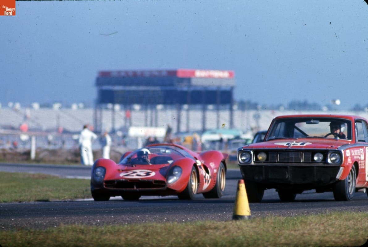 Ferrari 330 and Dodge Dart Race Cars at the Daytona Continental 24 Hours Race, February 1967