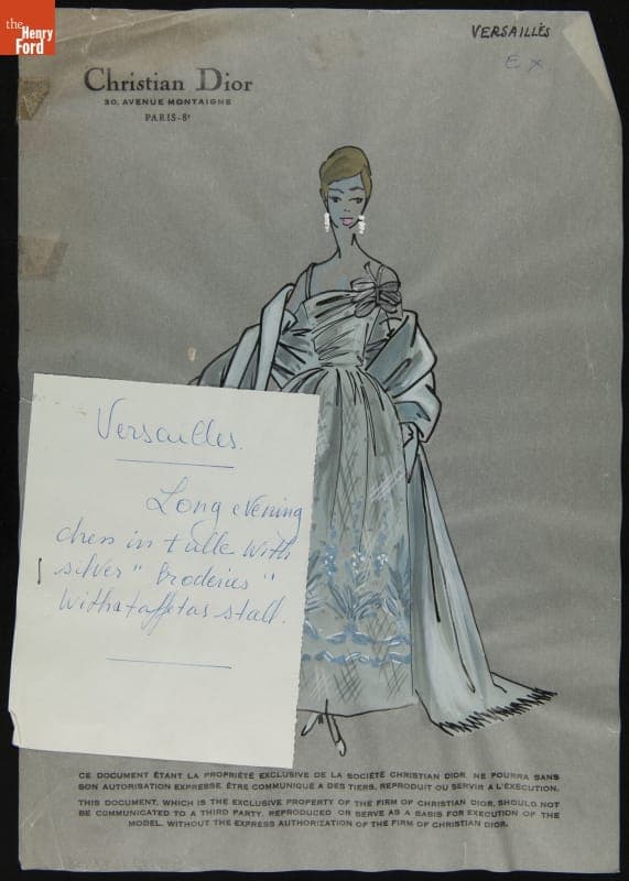 Dior Fashion Drawing with Fabric Swatches, "Versailles," 1953