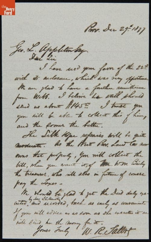 Letter from William Talbot to George Appleton, December 29, 1877