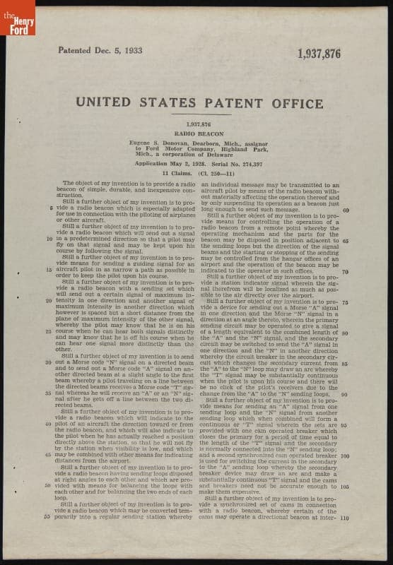 Radio Beacon Patent, #1,937,876, Granted December 5, 1933