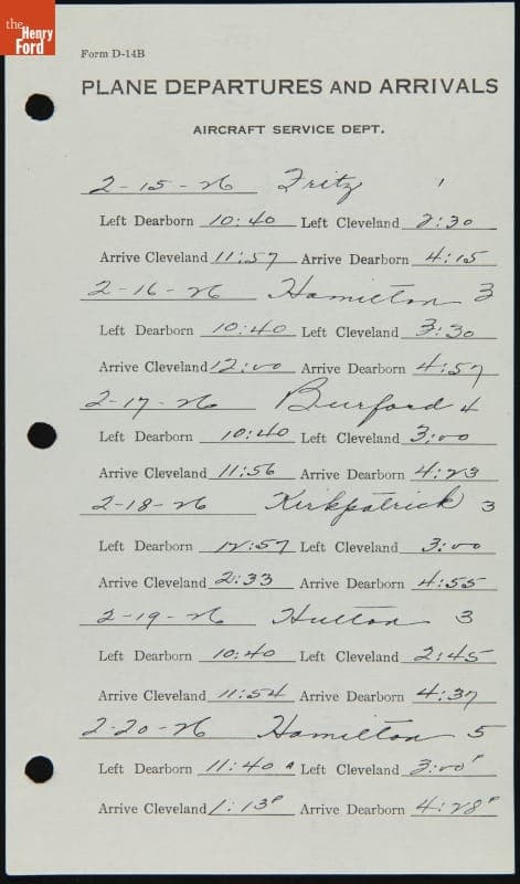 Plane Departures and Arrivals Form for First Contract Air Mail Flights (CAM-6), February 15-20, 1926