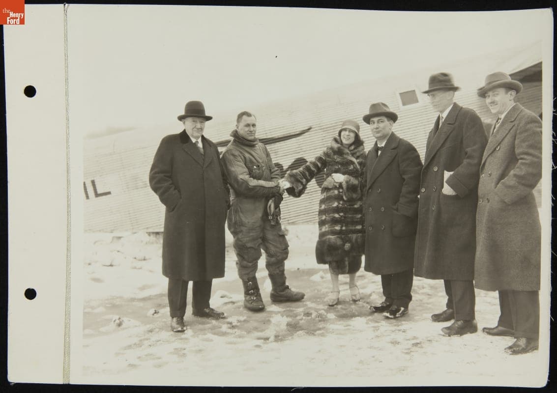 Greeting Pilot Lawrence Fritz after the First Contract Air Mail Flight (CAM-6), Detroit to Cleveland, February 15, 1926