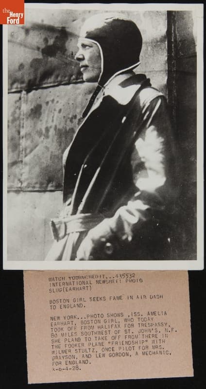 Amelia Earhart Portrait with Press Release, "Boston Girl Seeks Fame in Air Dash to England," June 4, 1928