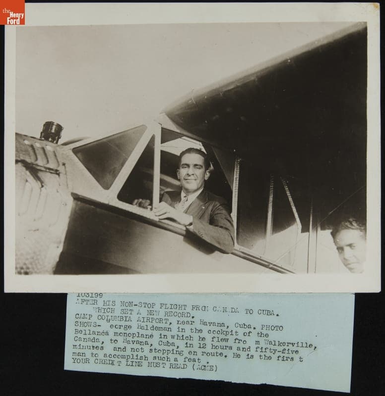 George Haldeman in "Bellanca" after Record-Setting Non-Stop Flight from Canada to Cuba, February 24, 1929
