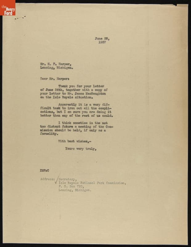 Letter from Edsel Ford to H. F. Harper on the "Isle Royale Situation," June 28, 1937