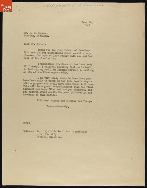 Letter from Edsel Ford to H. F. Harper regarding Isle Royale National Park Progress, December 26, 1941