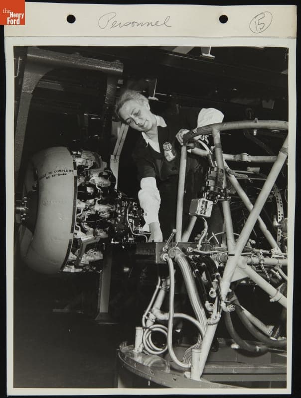 Mary E. Von Mach Inspects Pratt & Whitney Engines While Working at the Willow Run Bomber Plant, November 30, 1942