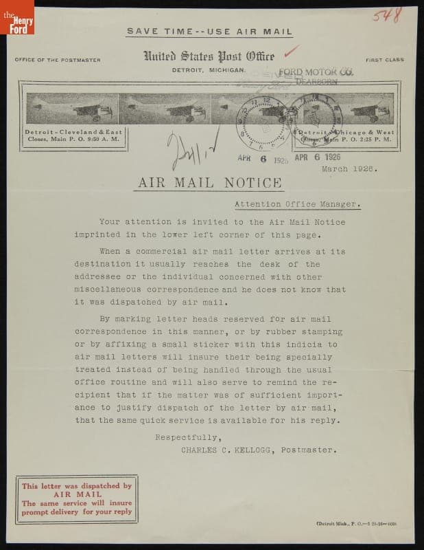 Letter from Detroit Postmaster Charles Kellogg Promotes the Use of Air Mail Notice Letterheads, March 1926