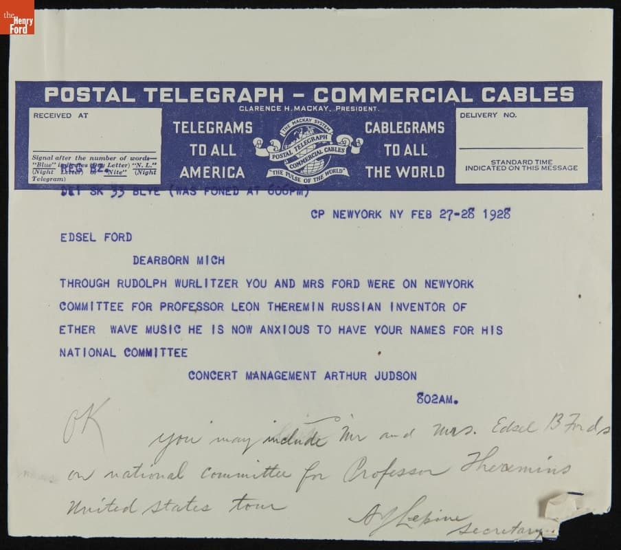 Telegram to Edsel Ford from Arthur Judson regarding Leon Theremin, February 27-28 1928