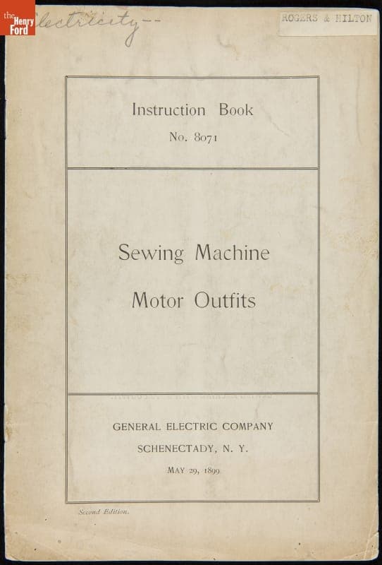 "Instruction Book No. 8071, Sewing Machine Motor Ourfits," May 29, 1899