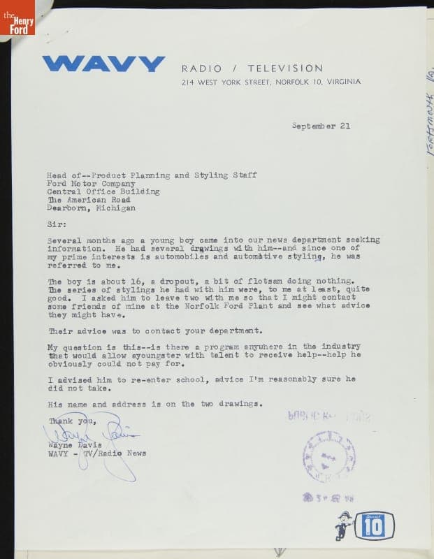 Youth's Automobile Design Drawings Forwarded by Wayne Davis to Ford Motor Company, September 1965