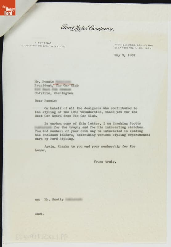 Letter of Thanks from Eugene Bordinat to Car Enthusiasts Ronnie, Scotty, and The Car Club, May 1965