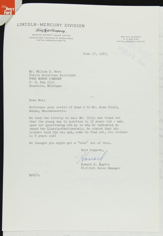 Letter from Howard Hupfer to Milton West regarding Car Enthusiast Alan, Age 12, June 17, 1965