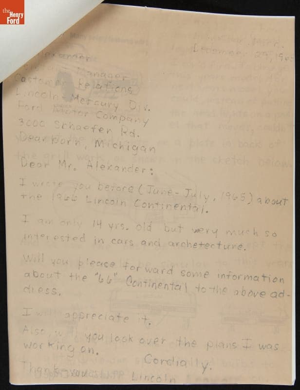 Letter and Design Drawings sent to Ford Motor Company from Car Enthusiast Lincoln, Age 14, December 29, 1965