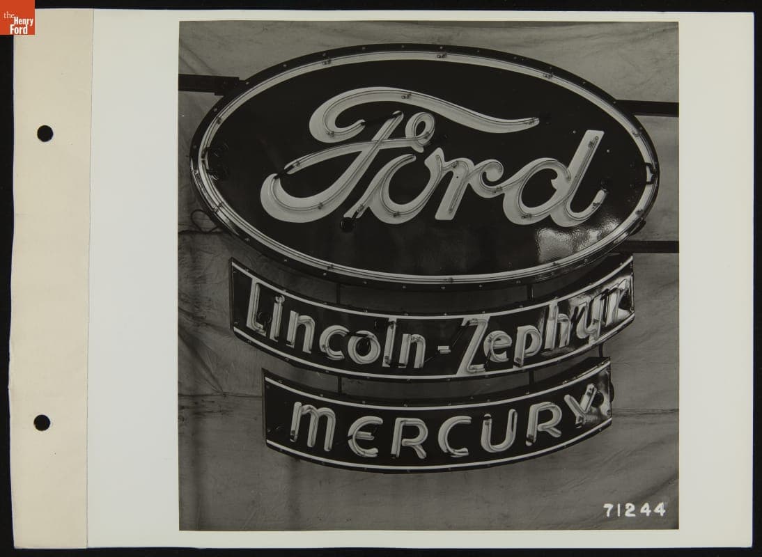 Ford, Lincoln-Zephyr, and Mercury Neon Automobile Dealers' Sign, December 1938