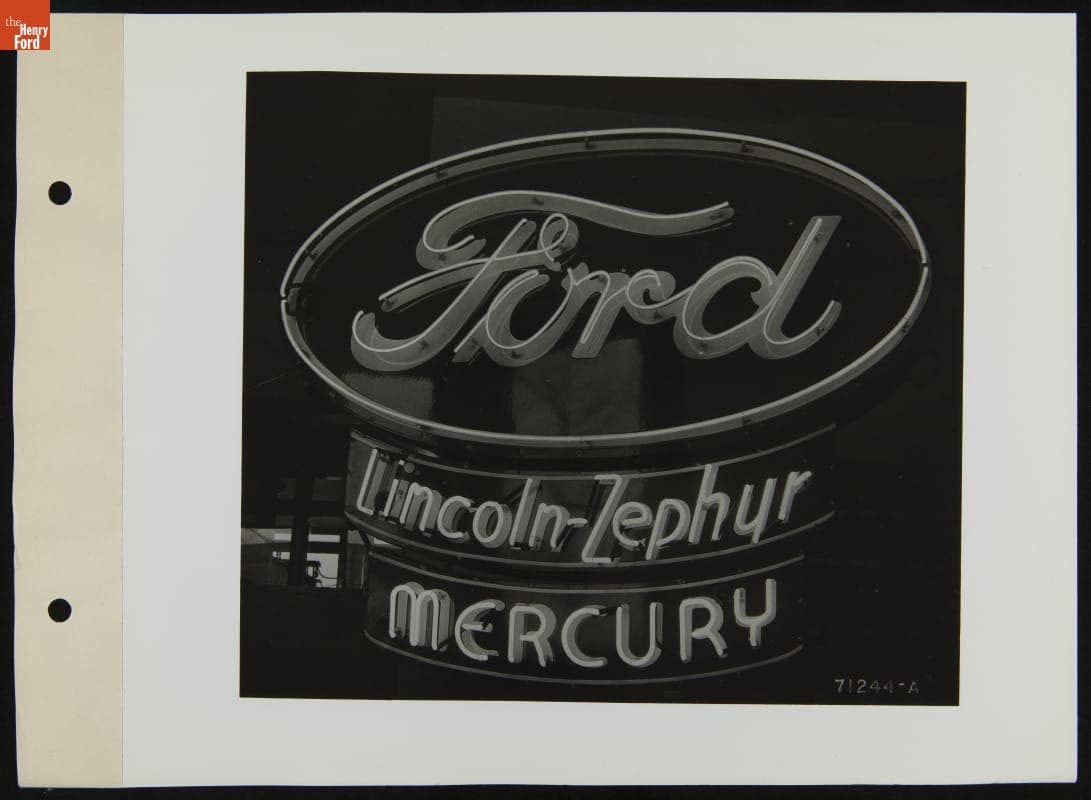 Ford, Lincoln-Zephyr, and Mercury Neon Automobile Dealers' Sign, December 1938