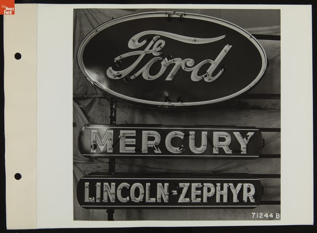 Ford, Lincoln-Zephyr, and Mercury Neon Automobile Dealers' Sign, December 1938