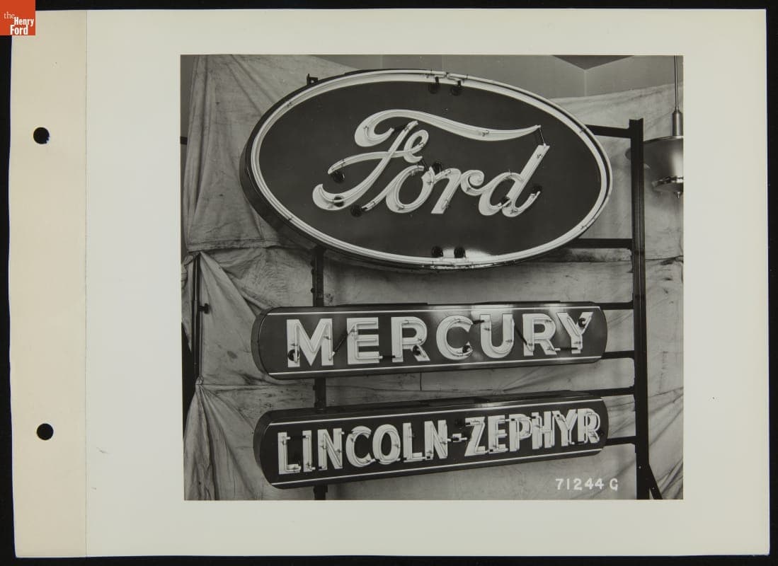 Ford, Lincoln-Zephyr, and Mercury Neon Automobile Dealers' Sign, December 1938