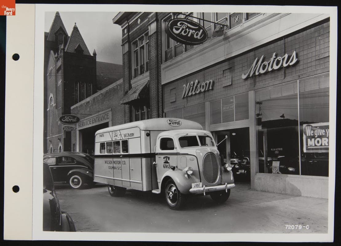 Wilson Motors Company and Parts Delivery Truck, Columbia, South Carolina, Illustration for July 1939 Ford Merchandising Bulletin