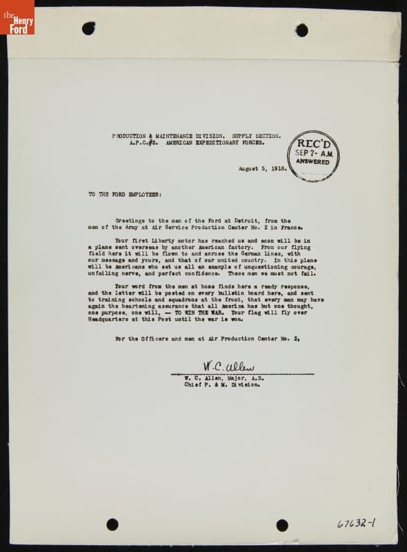 Letter from U.S. Army Major W.C.Allen to Ford Motor Employees regarding the First Liberty Engine Shipped Overseas, August 5, 1918