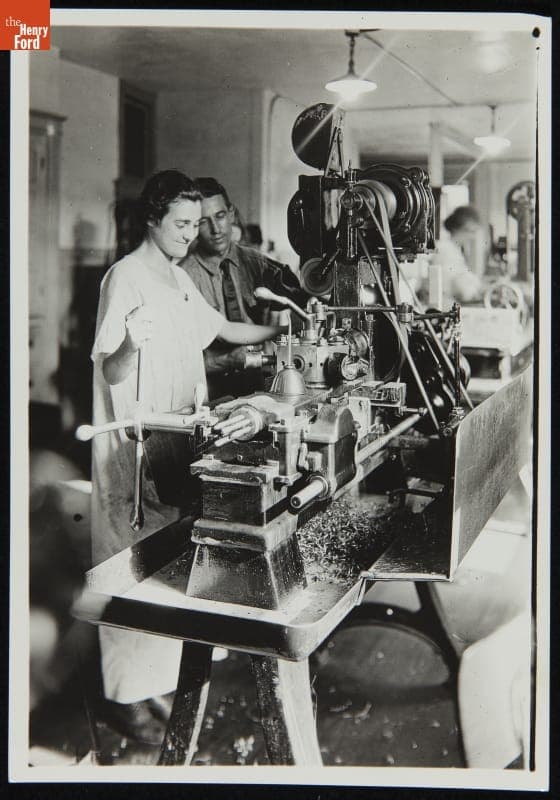 Woman Working at a Grinding Machine for Liberty Engine Production, Lincoln Motor Company Plant, 1917