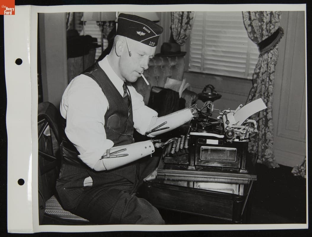 Disabled Veteran Using a Typewriter, February 1944