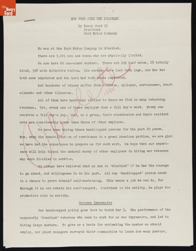 "How Ford Aids the Disabled," Ford Press Release, May 13, 1947