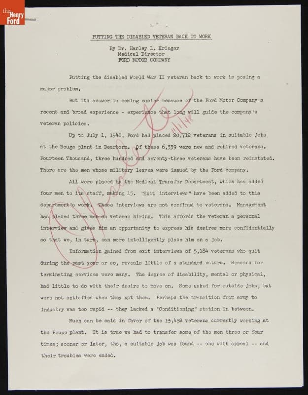 "Putting the Disabled Veteran Back to Work," Ford Press Release by Harley L. Krieger, July 31, 1946