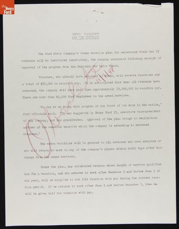 "Bonus Vacations Aid War Veterans," Ford Press Release, 1945-1948