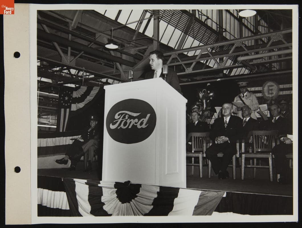 Henry Ford II at the Army-Navy "E" Award Ceremony for the Ford Twin Cities Plant, St. Paul, Minnesota, April 1945