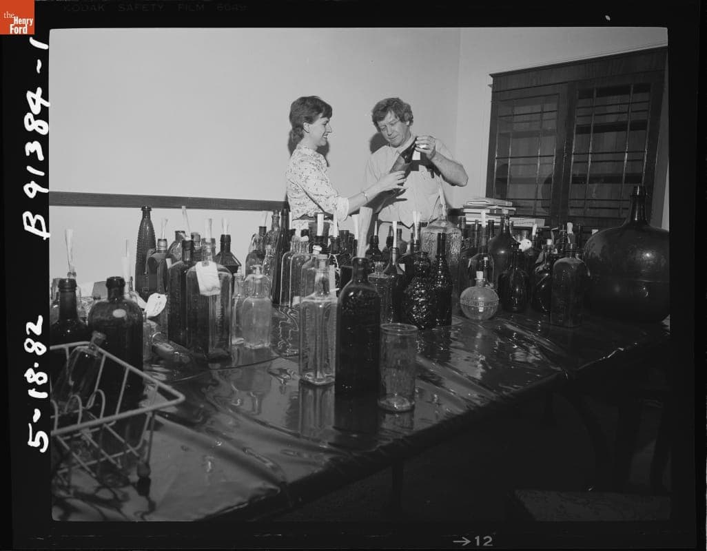 Bottles Being Readied for the New Glass Exhibit in the Henry Ford Museum Promenade, May 1982