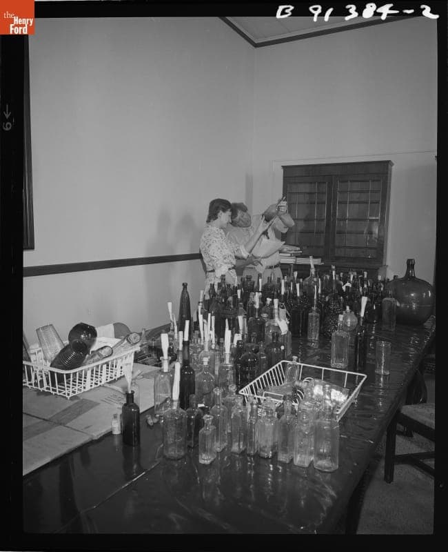 Bottles Being Readied for the New Glass Exhibit in the Henry Ford Museum Promenade, May 1982