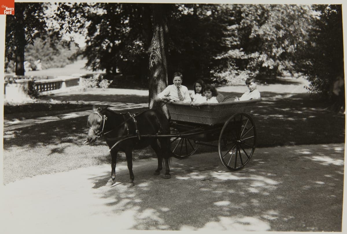Henry Ford II, Josephine Ford, William Clay Ford, and Benson Ford in Pony-Drawn Wagon, June 1929