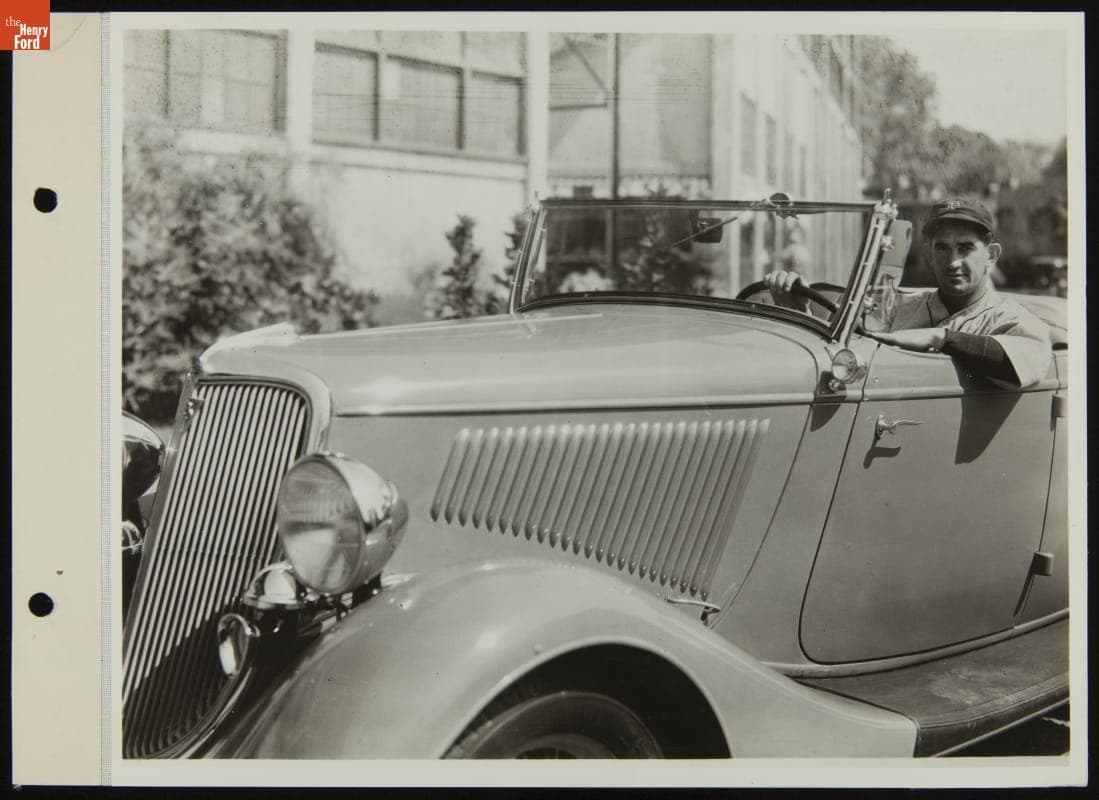 Mickey Cochrane in a Ford Roadster at Washington Baseball Park, 1934