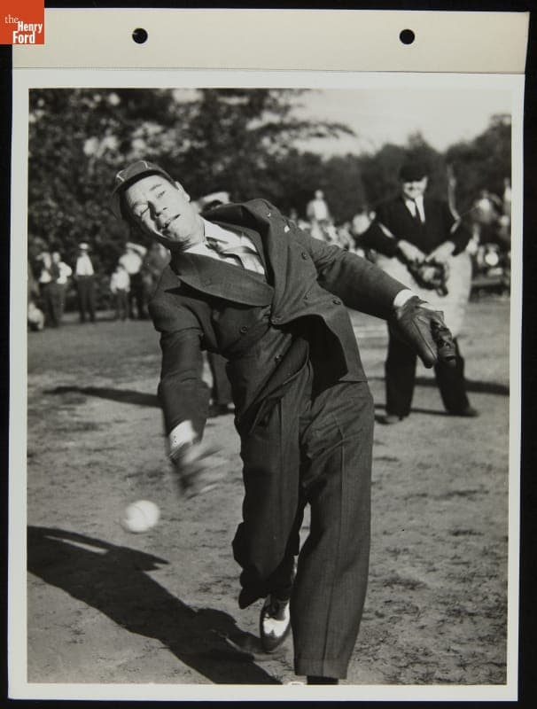 Comedian Joe E. Brown "Pitching," Ford Baseball Team Game, August 1942