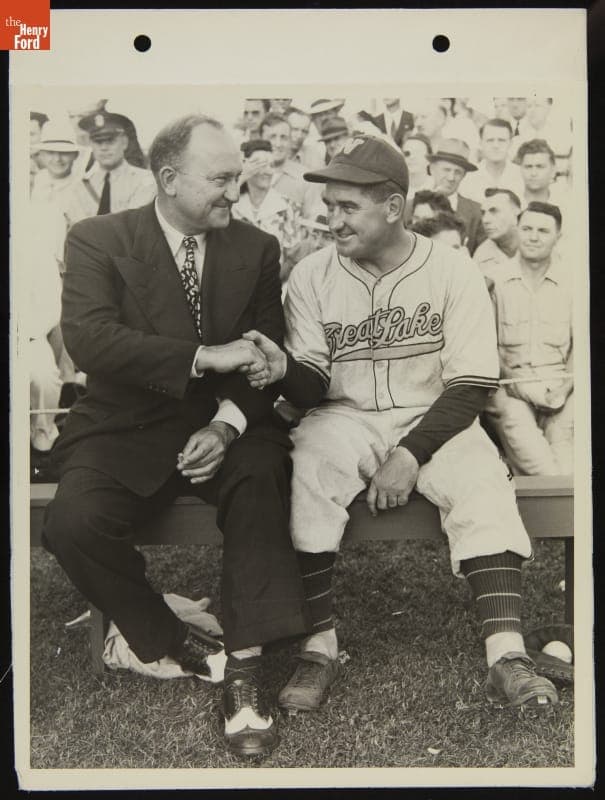 Ty Cobb and Mickey Cochrane at Baseball Game between the Great Lakes Navy Team and the Ford All-Stars, July 1943