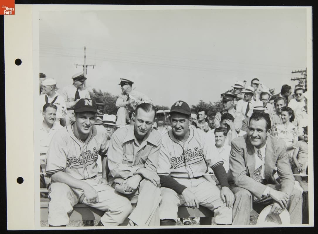 Barney McCosky, Jo-Jo White, Mickey Cochrane and Elden Auker at Baseball Game, Rotunda Field, Dearborn, Michigan, July 1943