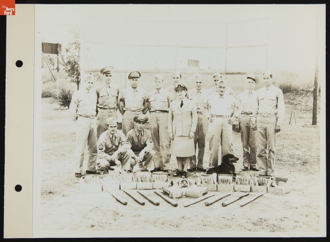 Baseball Players and Mrs. Gitle Pose with New Equipment, Willow Run Station Hospital, September 1943