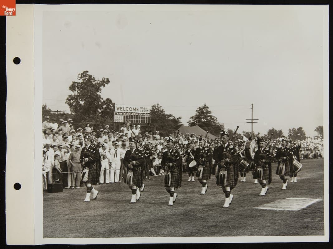 Ford Pipe Band at Ford All-Stars vs. Great Lakes Navy Baseball Game, July 1944