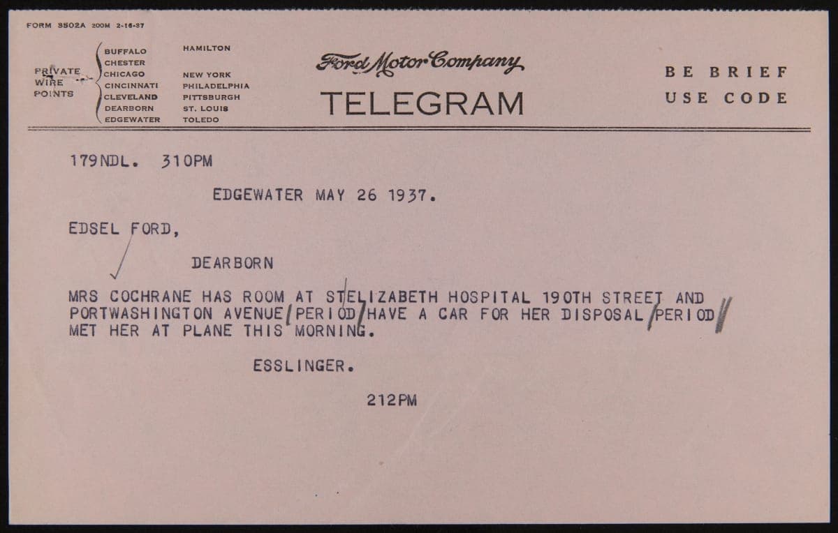 Telegram from Clarence Esslinger to Edsel Ford Regarding Mickey Cochrane's Head Injury, May 26, 1937