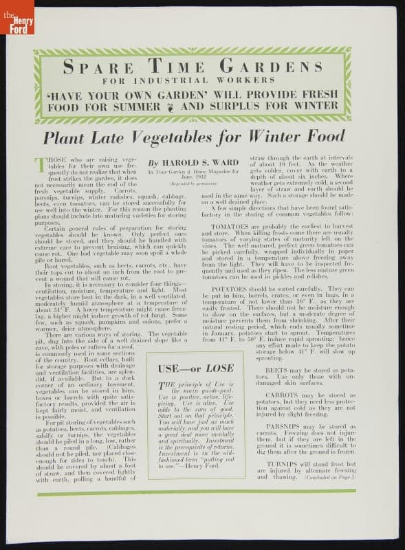 "Spare Time Gardens for Industrial Workers," Reprinted from June 1932 Your Garden & Home Magazine