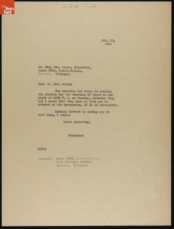 Letter from Edsel Ford Inviting Paul Ste. Marie to a Red Cross Blood Drive at the Rouge Plant, October 29, 1942