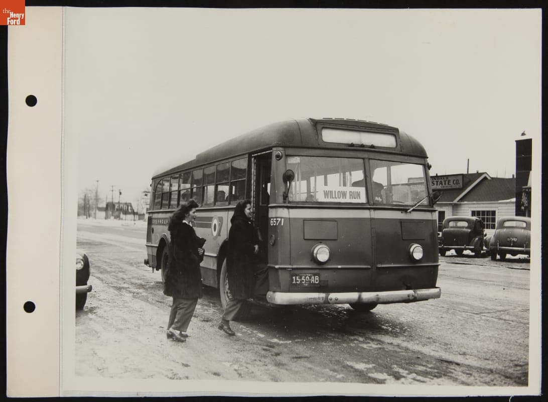 Mrs. Anderson Boarding Bus to Her Job at Willow Run Bomber Plant, February 1943