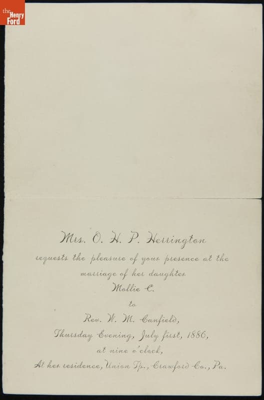 Wedding Invitation of Mollie C. Herrington and Rev. W. M. Canfield, Crawford County, Pennsylvania, July 1, 1886