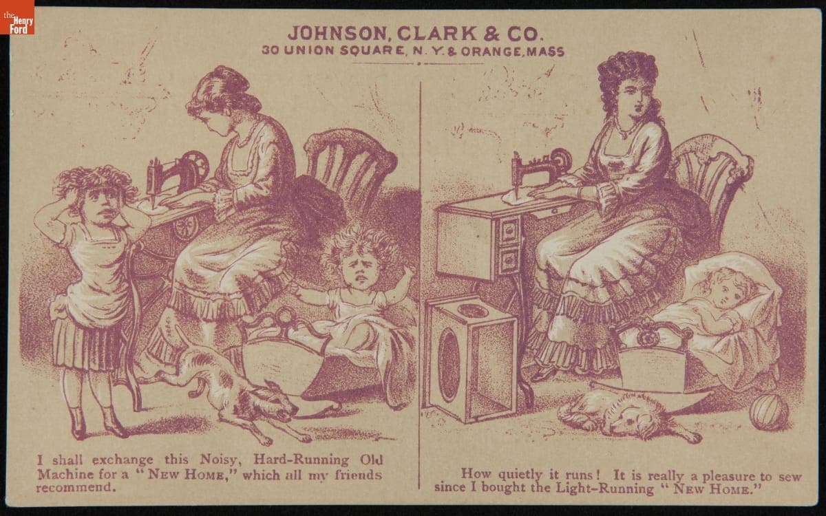 Trade Card for New Home Sewing Machines, "How Quietly It Runs!," circa 1875