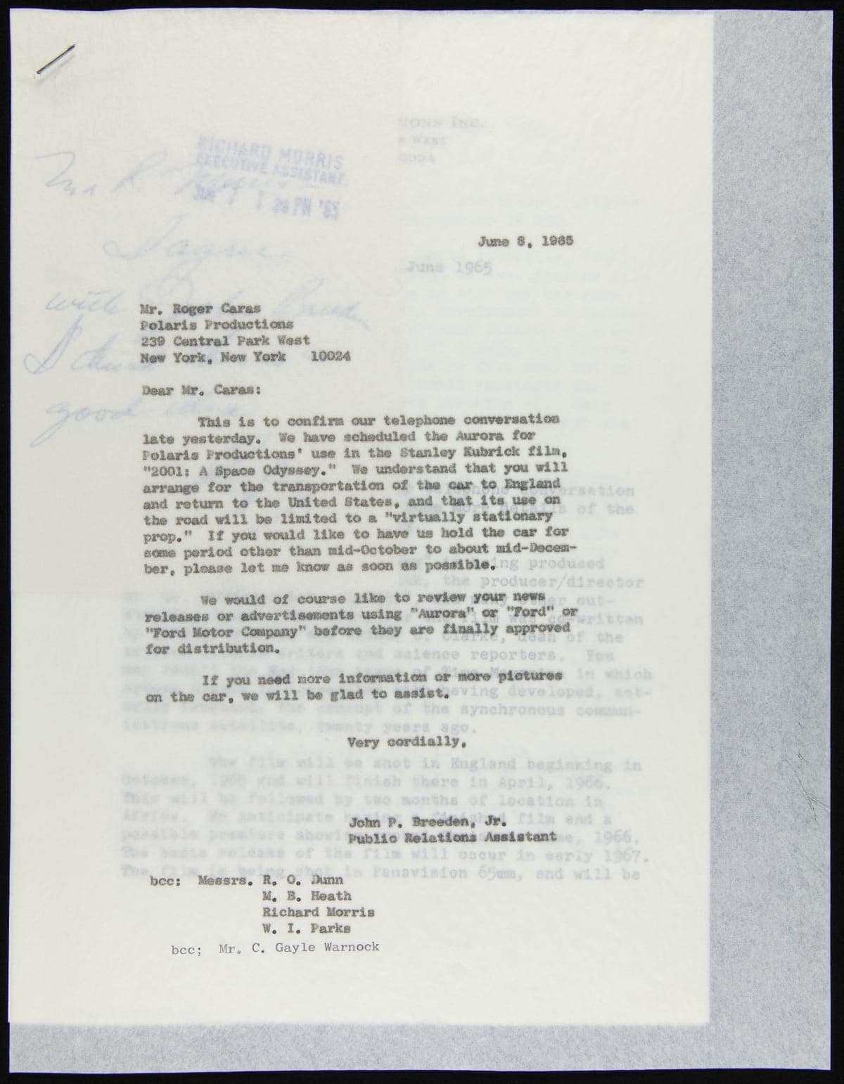 Correspondence between John Breeden, Jr. and Roger A. Caras regarding Ford Aurora in "2001: Space Odyssey," June, 1965